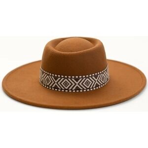 Joyfolie Maye Wide Brim Fedora Hat Cinnamon Brown Aztec‎ Band Boho Women's NEW